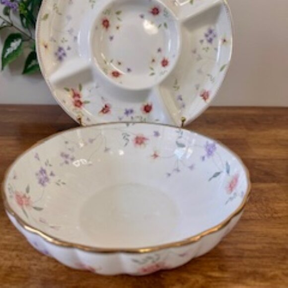 Lefard England Vintage Floral Divided Dish and Matching Serving Bowl – Gold Trim - Picture 5 of 10